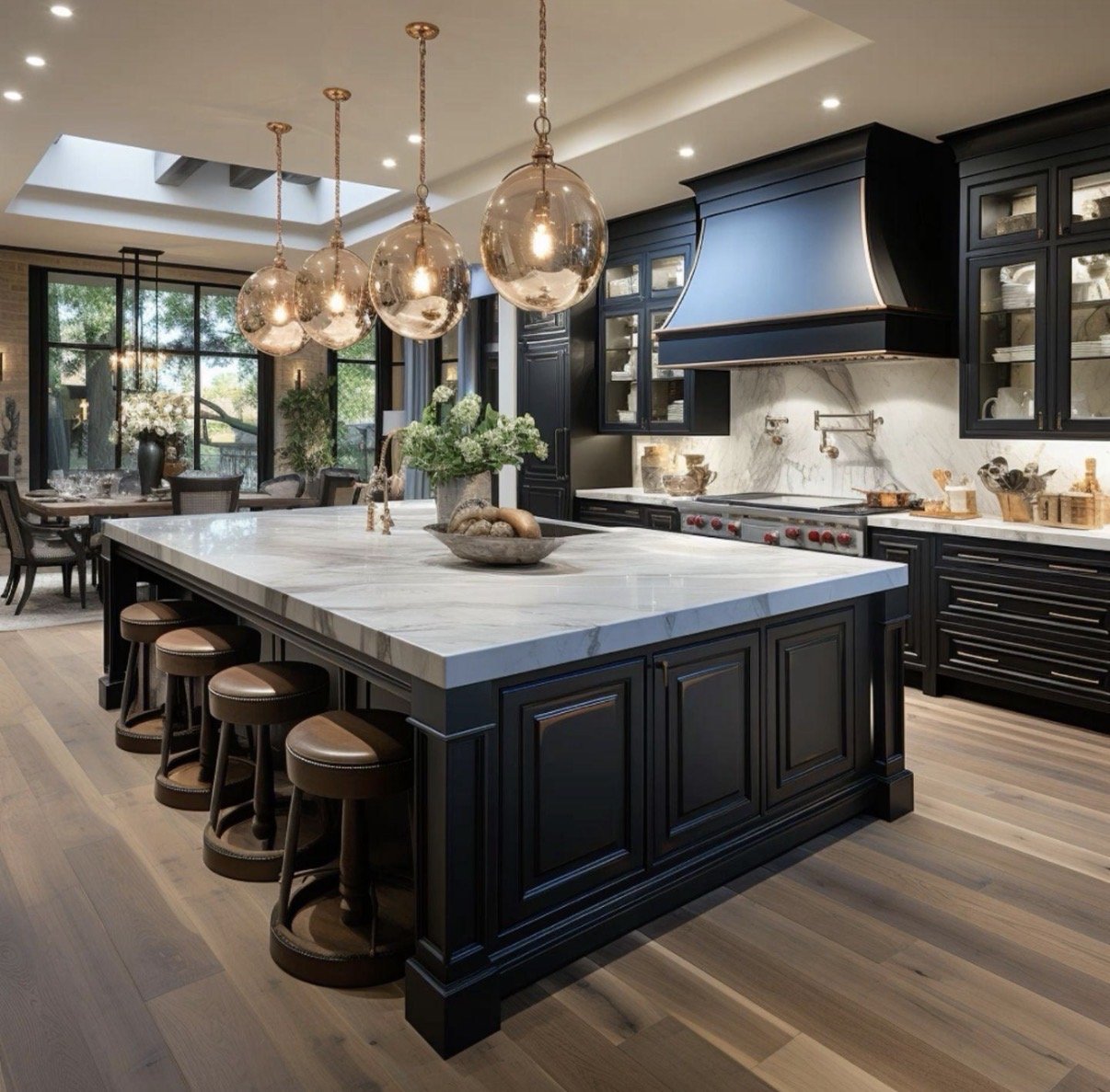 Dark luxury kitchen with lit marble island